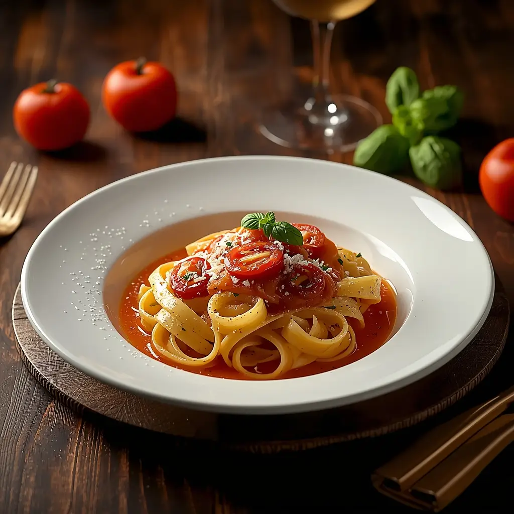 lucid-origin_Fotorealistisches_italienisches_Pasta-Gericht_mit_frischer_Tomatensauce_Basiliku-0